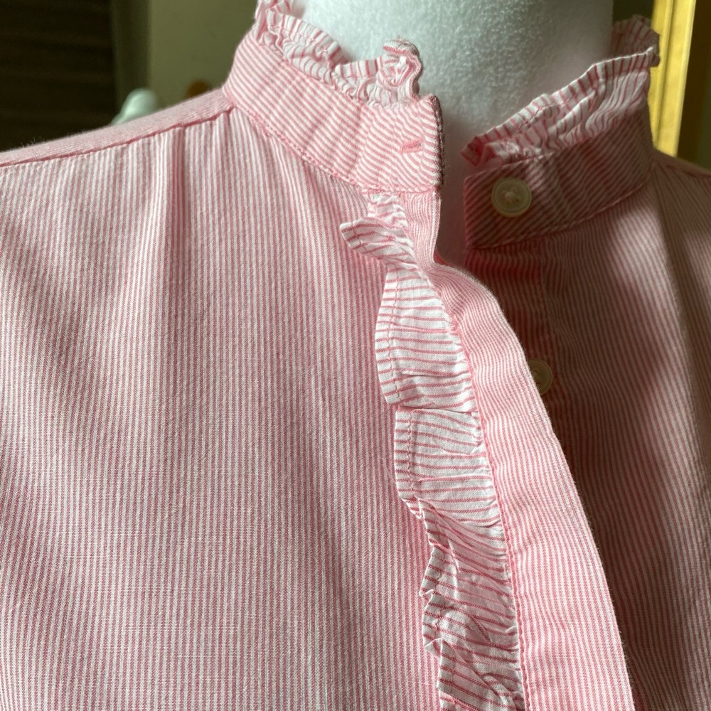 👚 Loft pink and white striped ruffle blouse shirt top XS - Picture 6 of 12